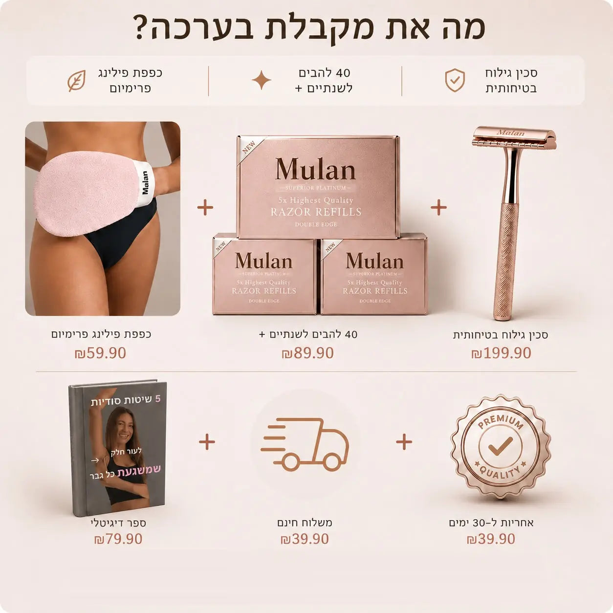 מה יש בערכה: סכין, 40 להבים, כפפת פילינג וספר דיגיטלי